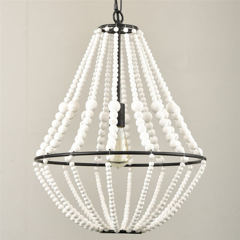 Rustic Wood Beaded Chandelier Distressed Off-White Finish